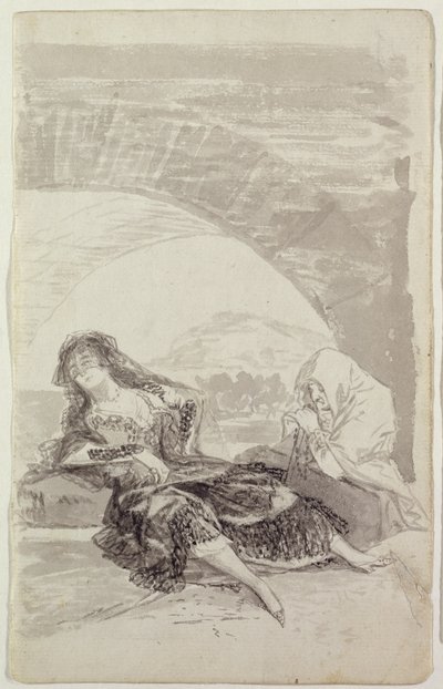 Maja og Celestina under en bue (grå og sort blyant på papir) af Francisco de Goya